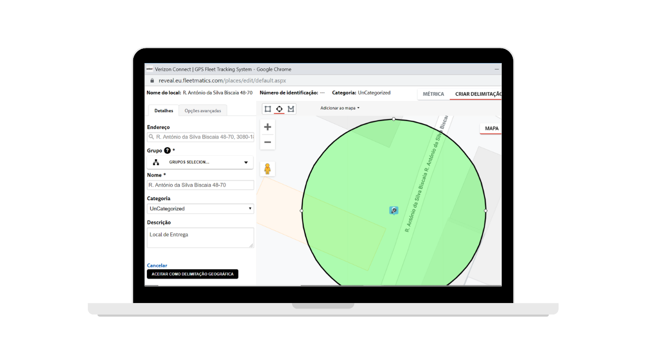 Funcionalidade Delimitações Geográficas da plataforma de gestão de frotas Verizon Connect Reveal