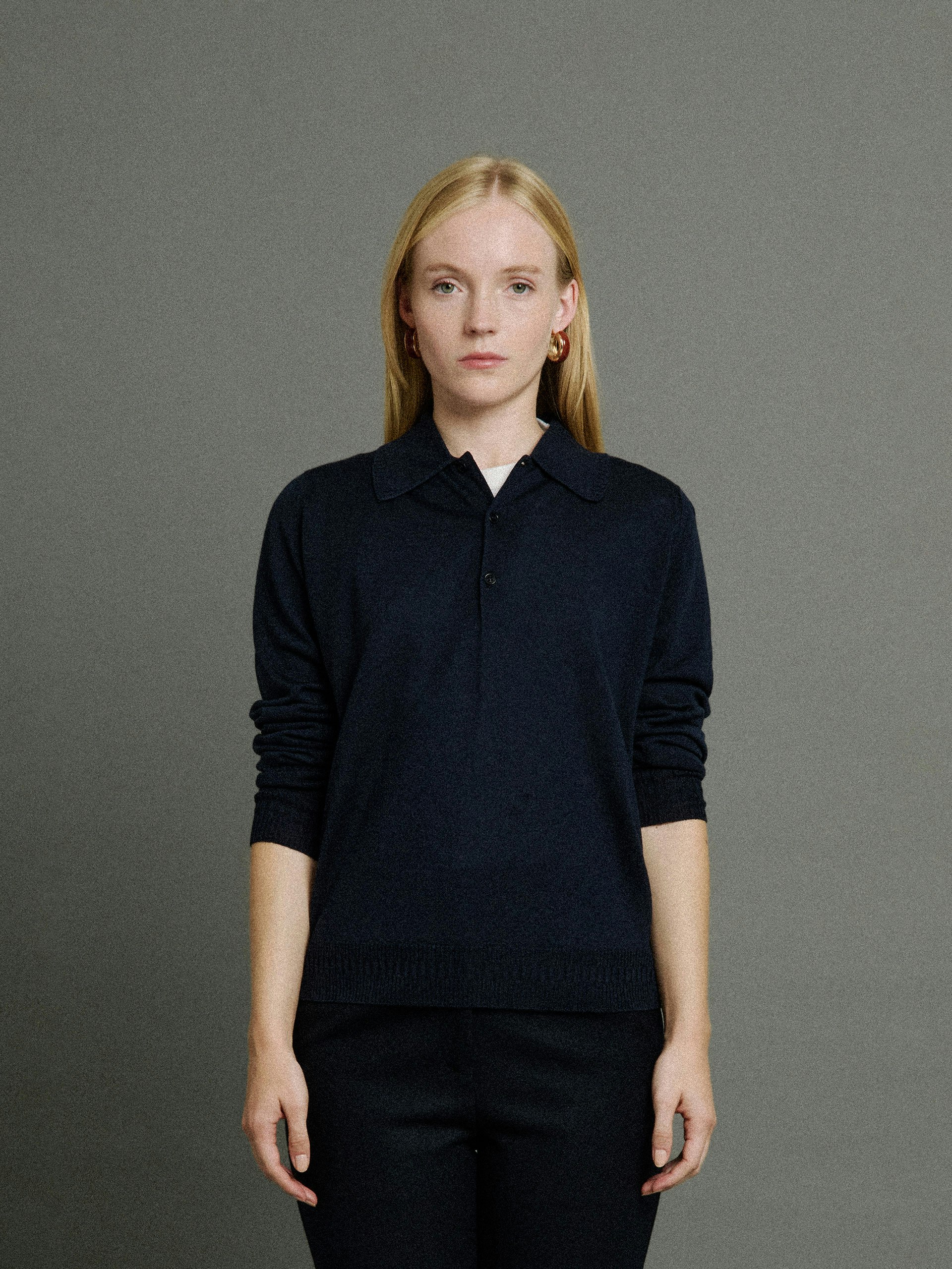 トップス JOHN SMEDLEY KNOLL SHIRT MIDNIGHT MED Bill Nighy Long Sleeve Polo Shirt | John Smedley