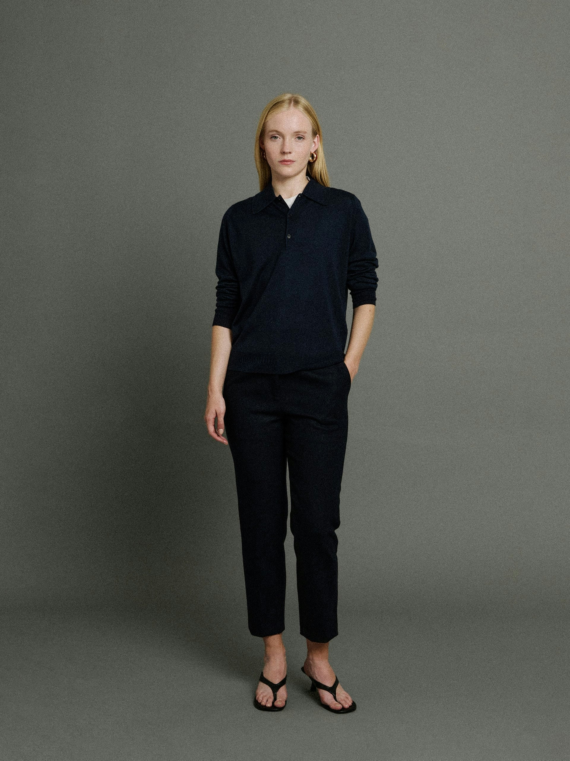 トップス JOHN SMEDLEY KNOLL SHIRT MIDNIGHT MED Bill Nighy Long Sleeve Polo Shirt | John Smedley