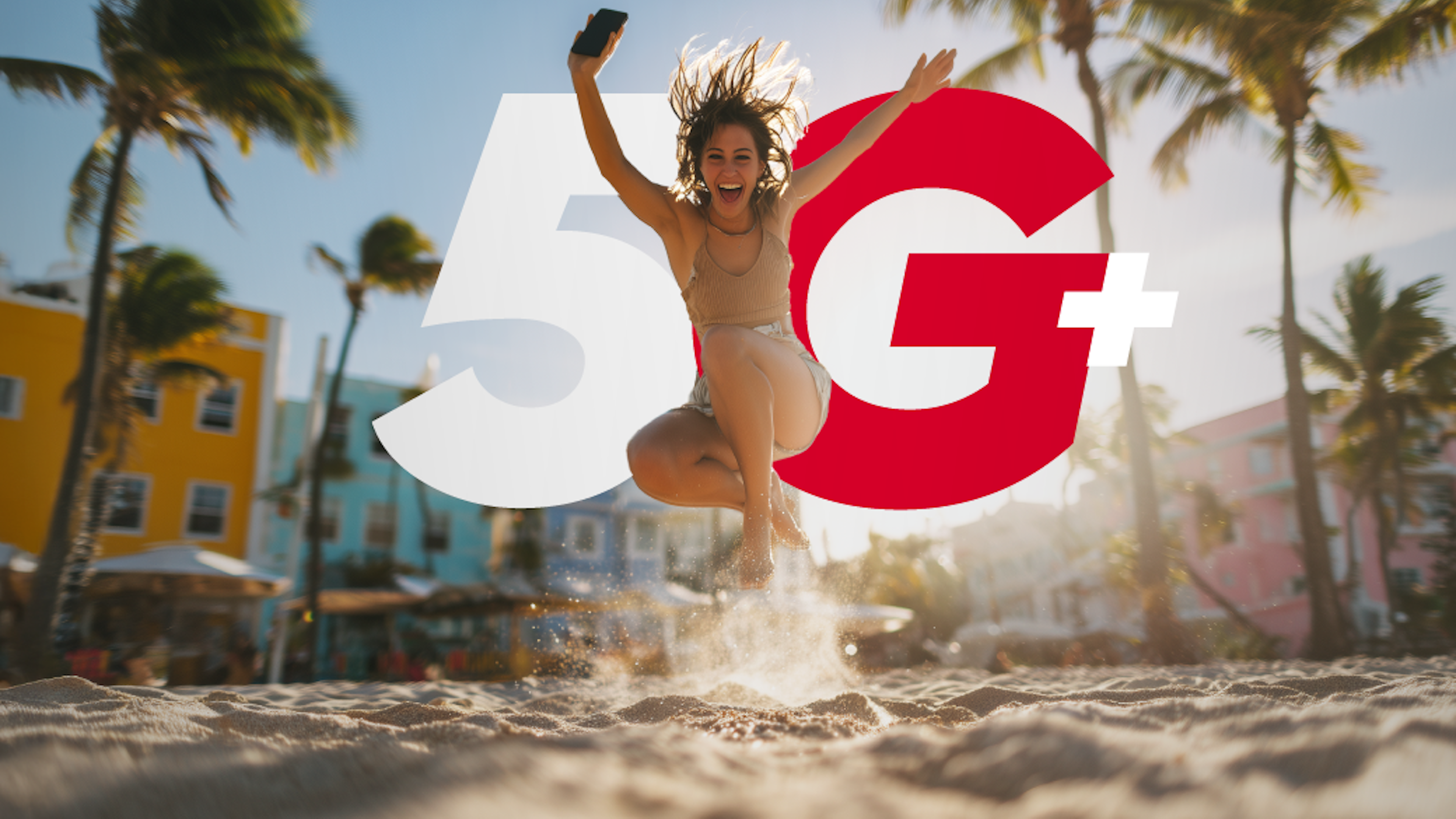 Lady enjoying 5G+ on the beach