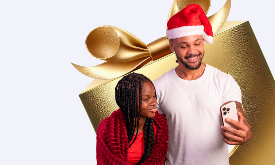 festive man and woman on the phone