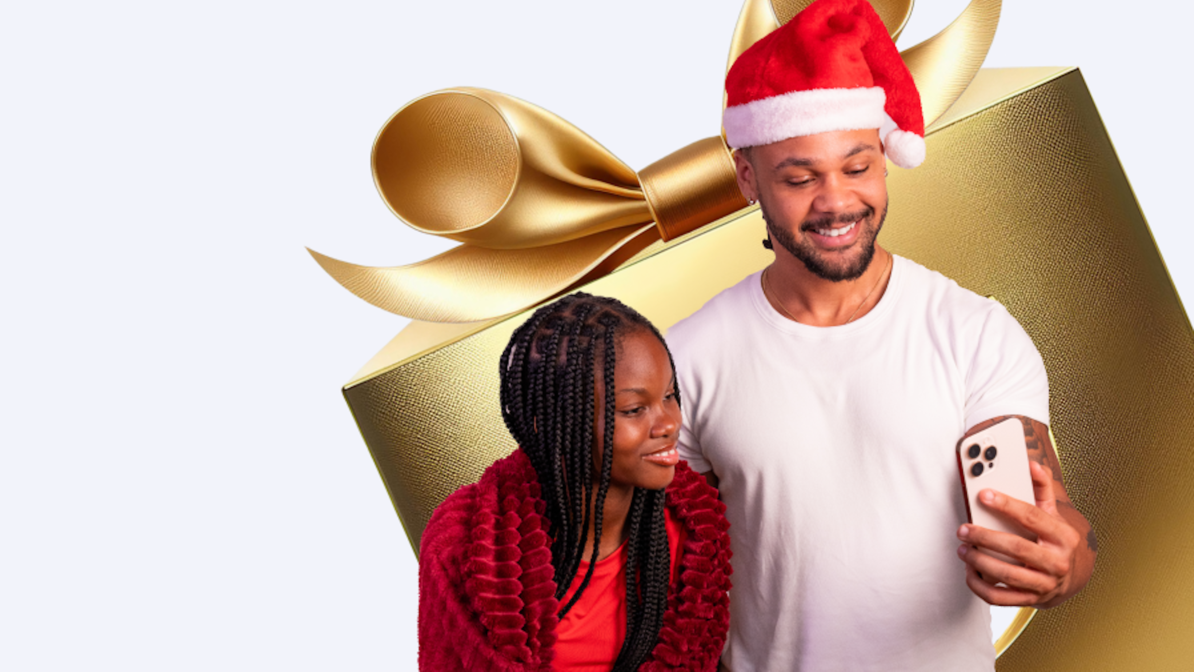 festive man and woman on the phone