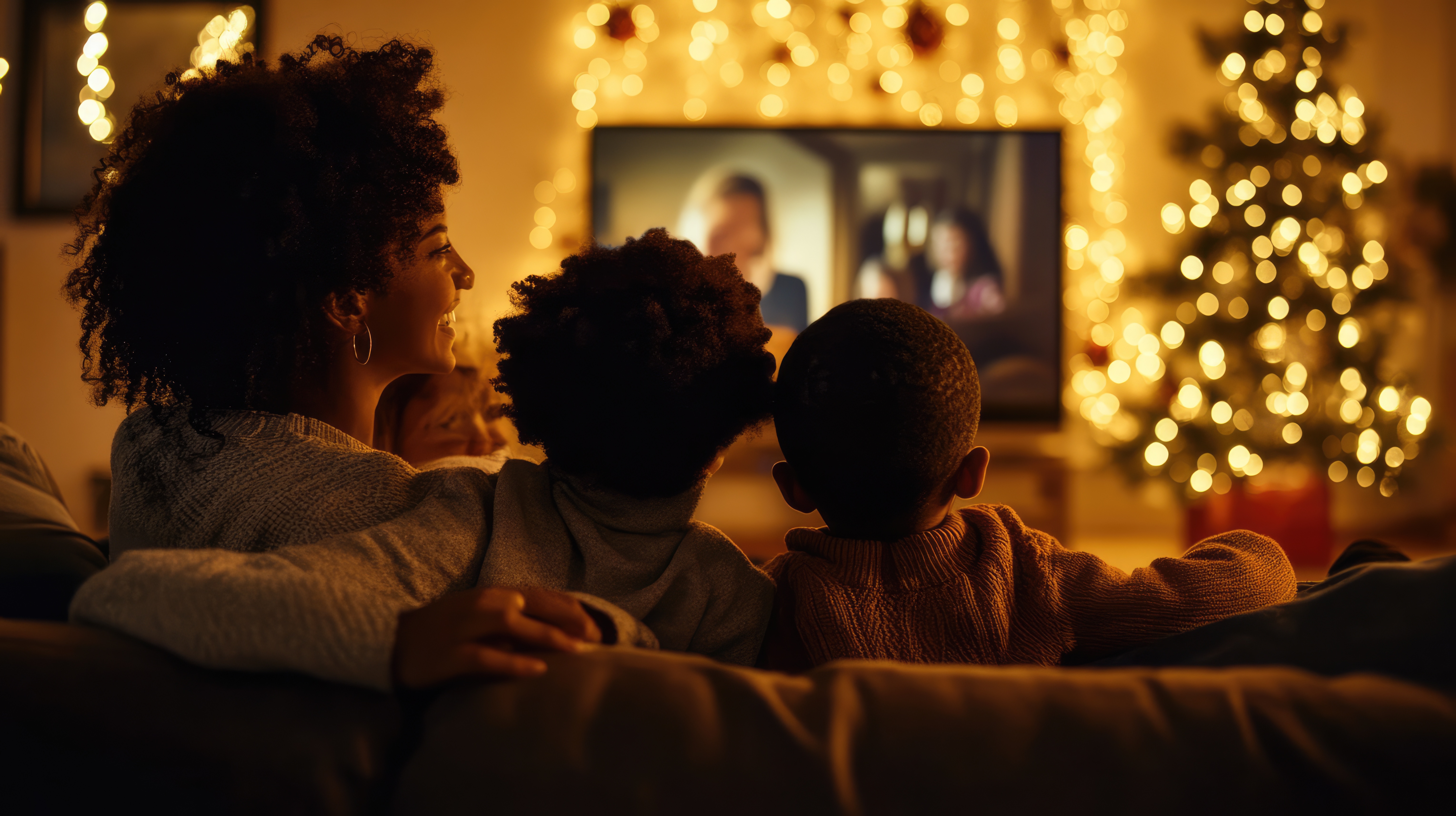 Family watching movies at Christmas