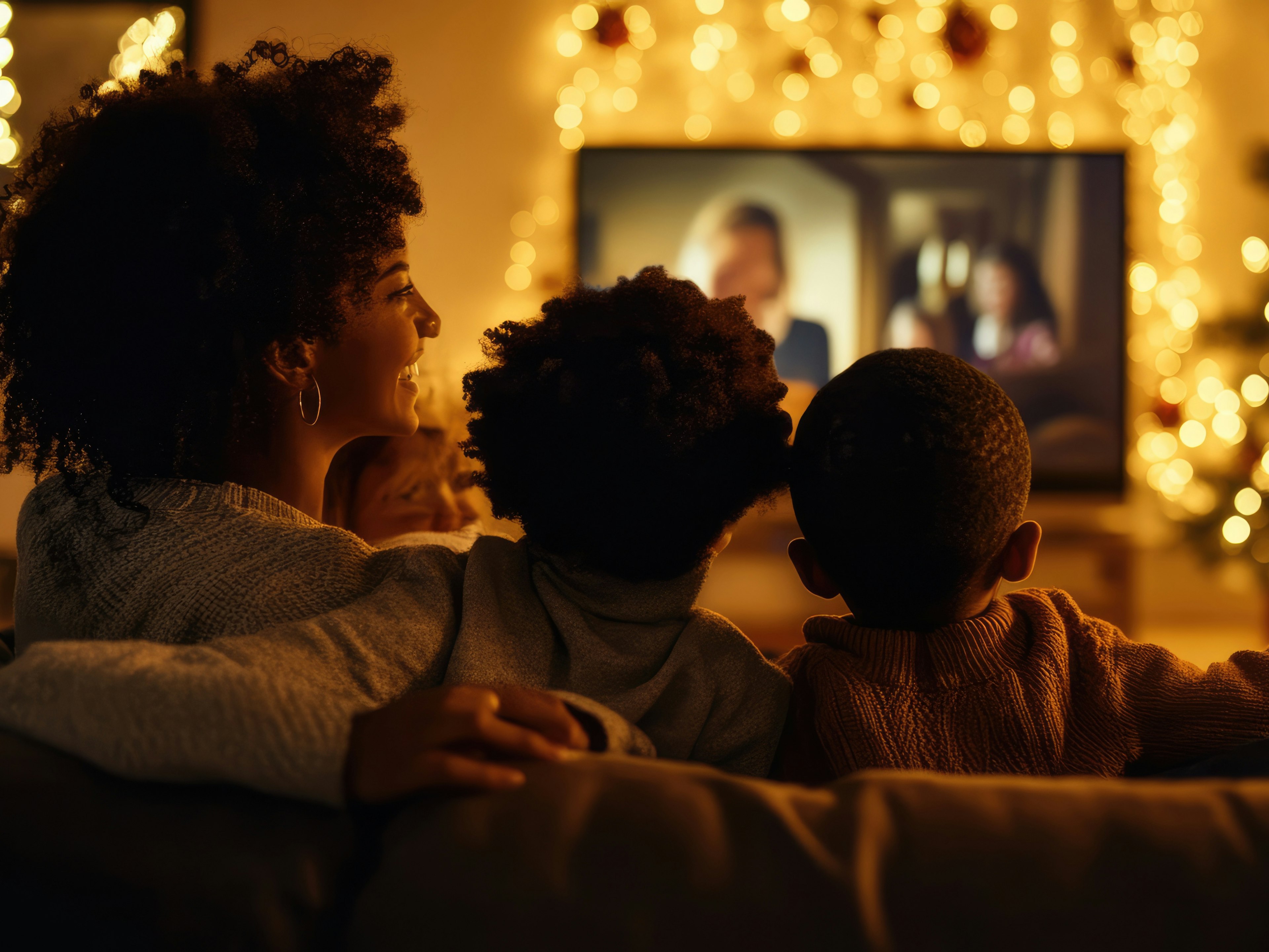 Family watching movies at Christmas