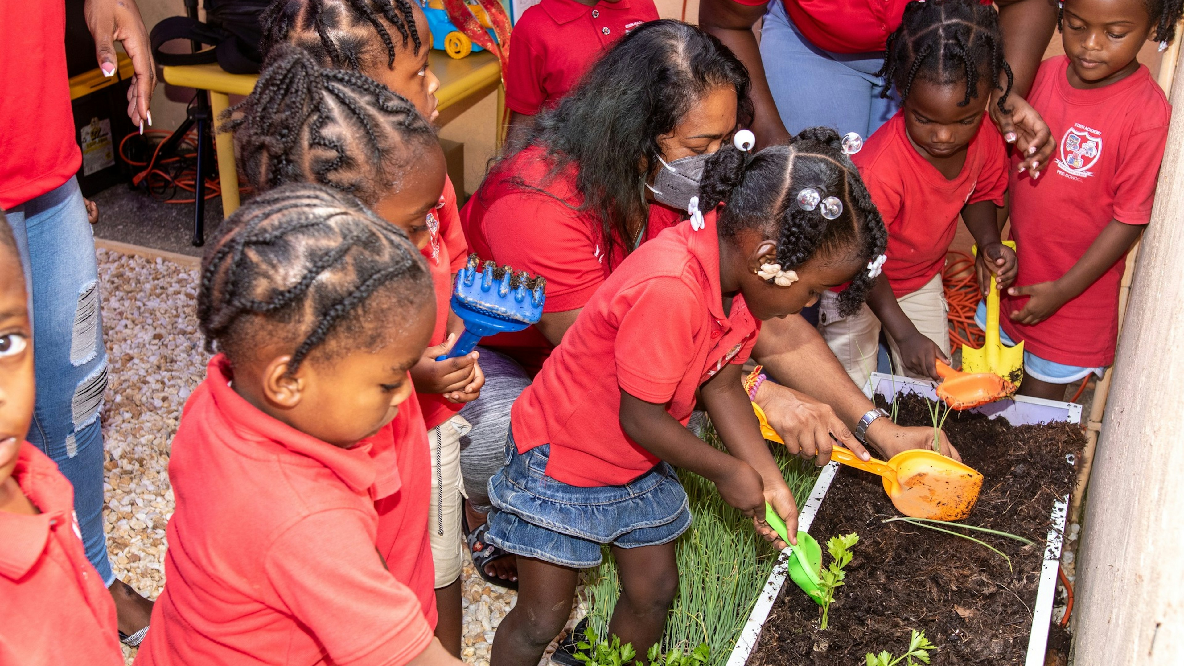students planting garden