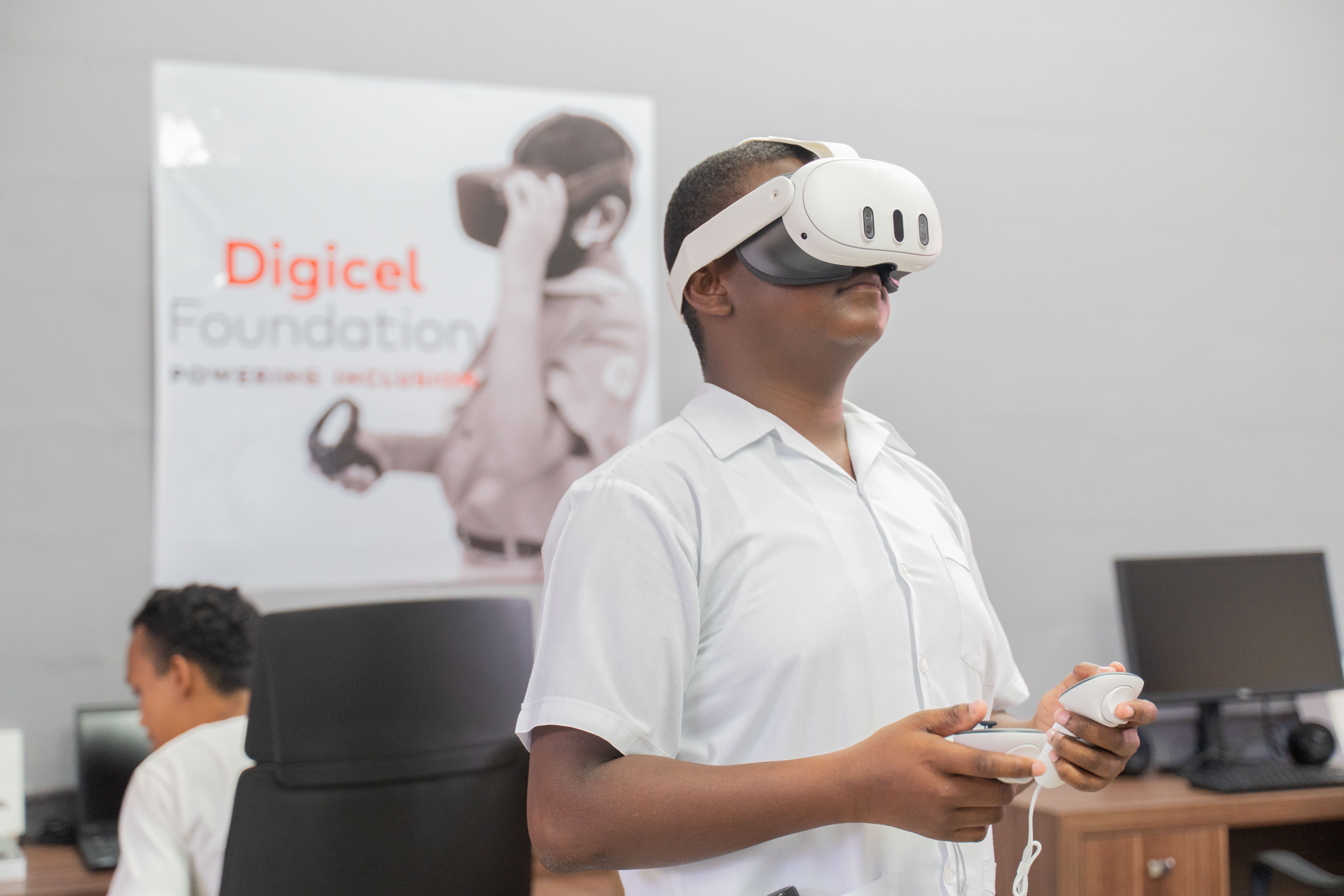Boy wearing VR headset