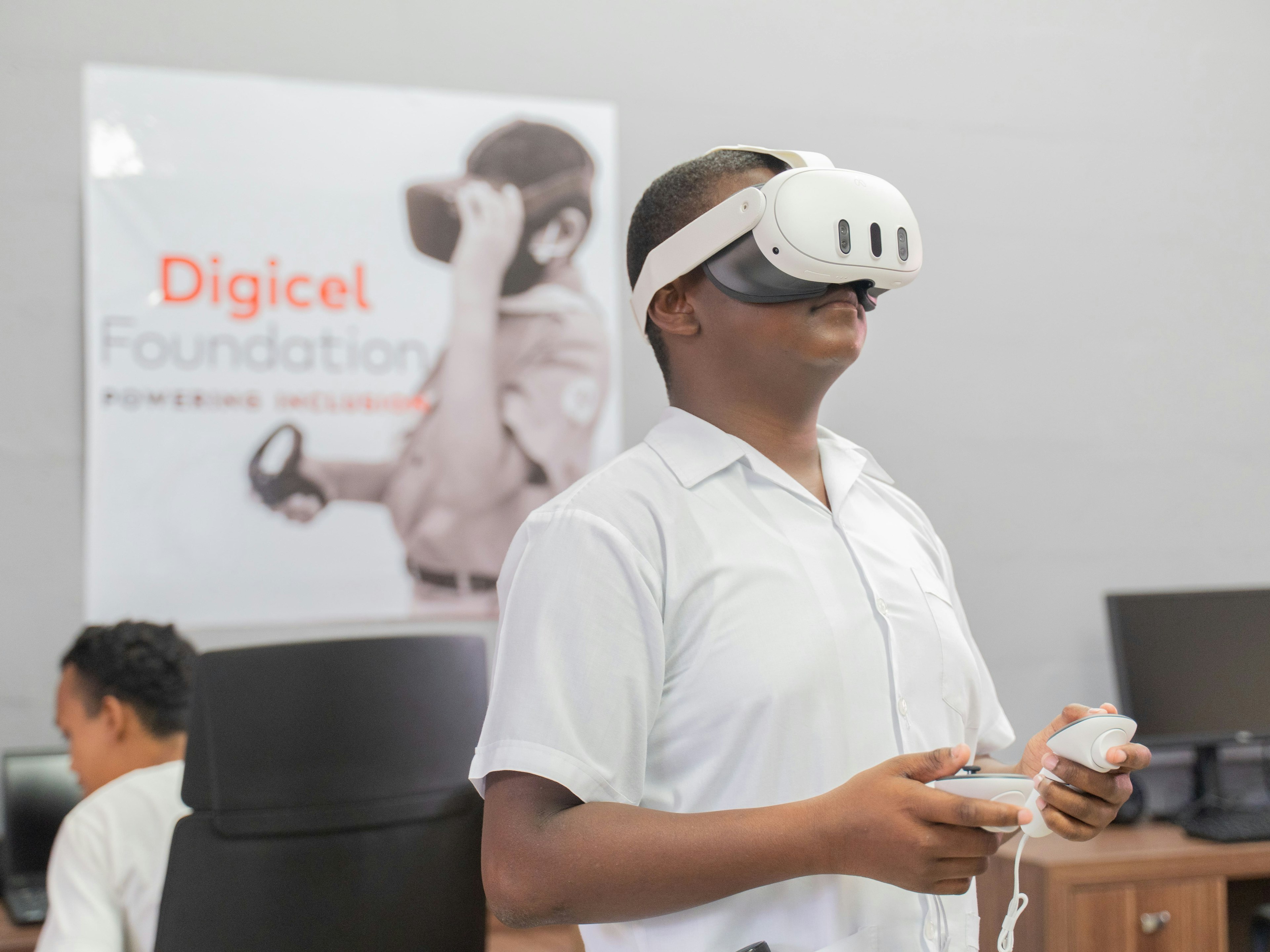 Boy wearing VR headset