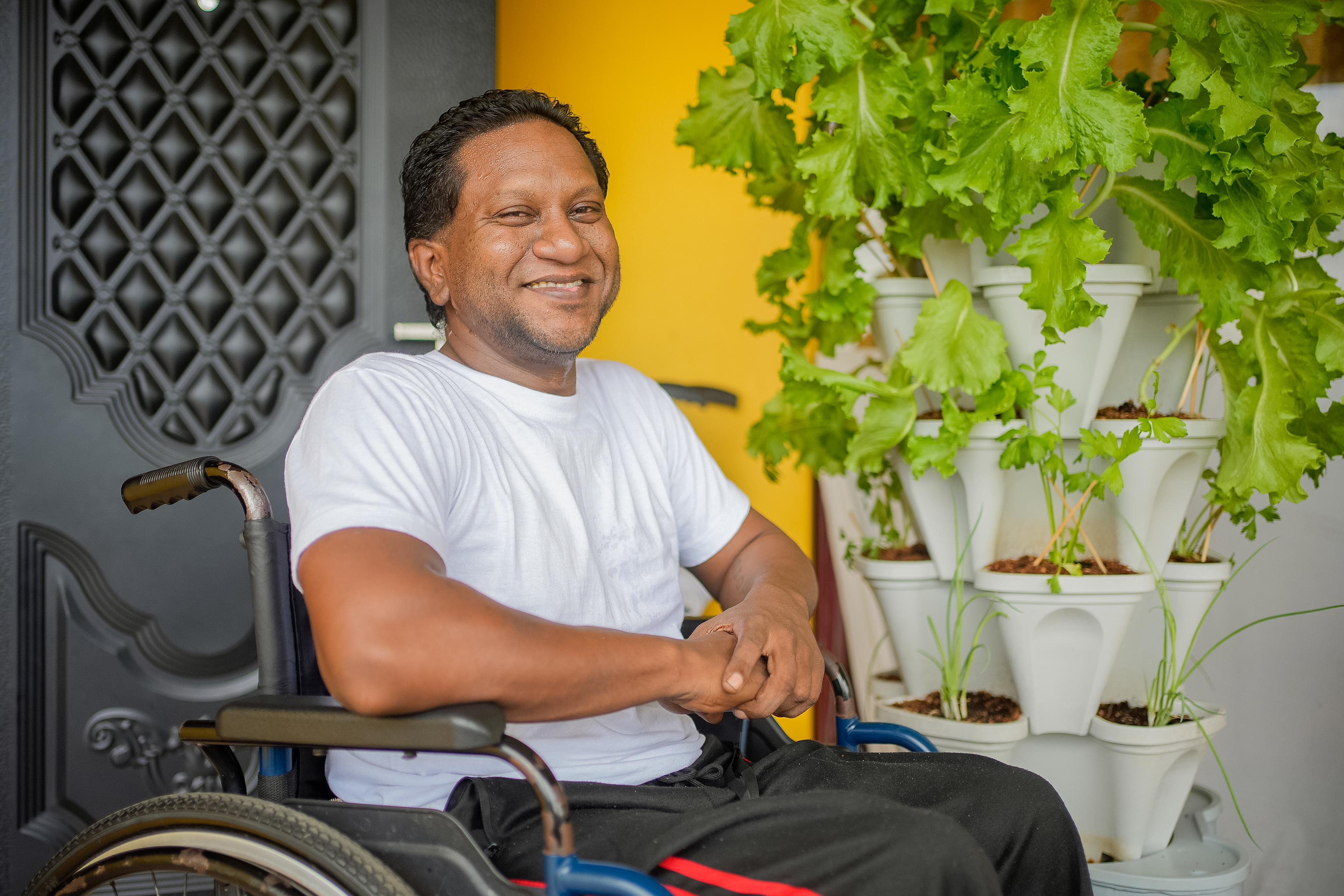 Man in wheelchair next to hydroponics garden