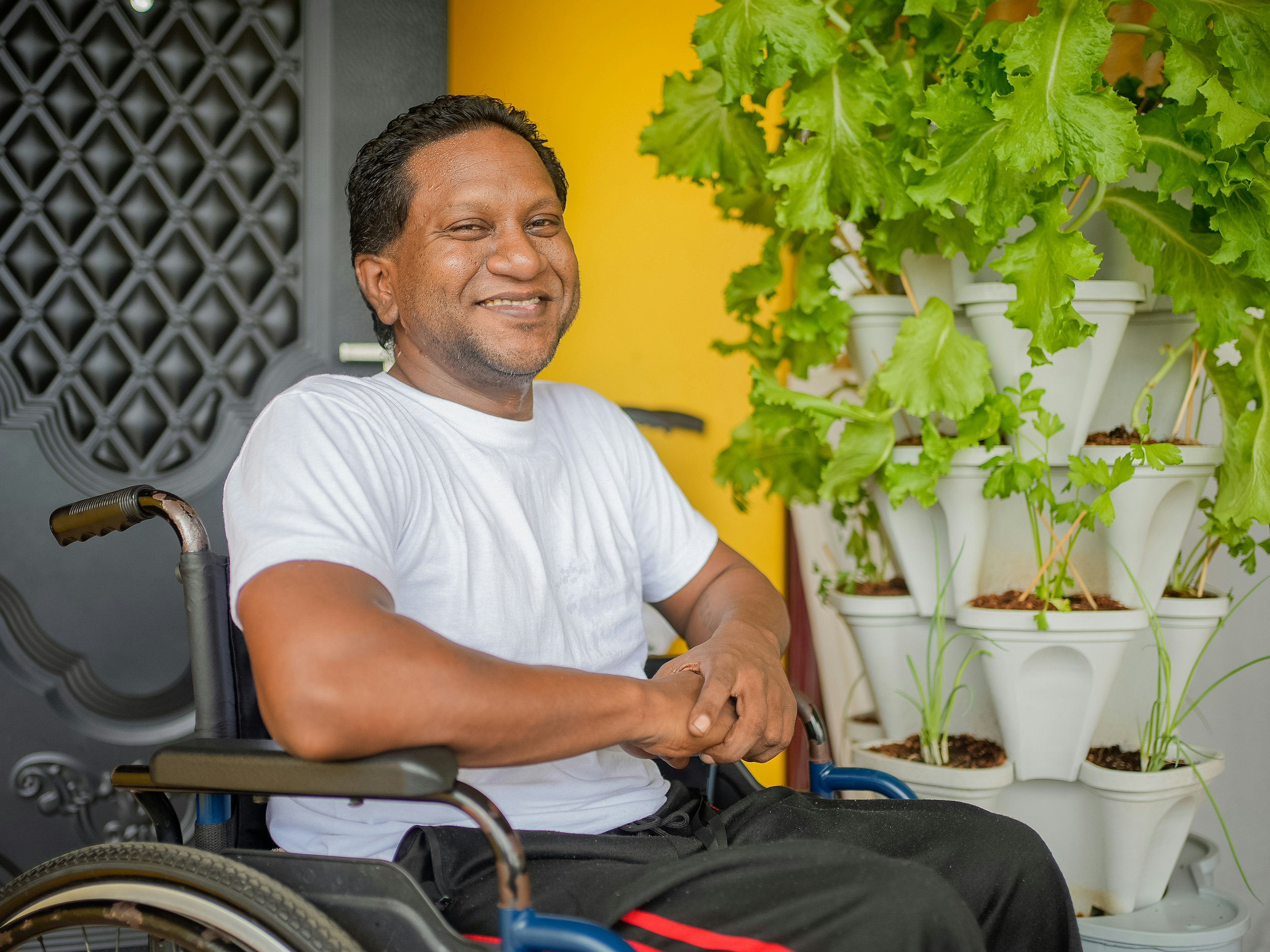 Man in wheelchair next to hydroponics garden