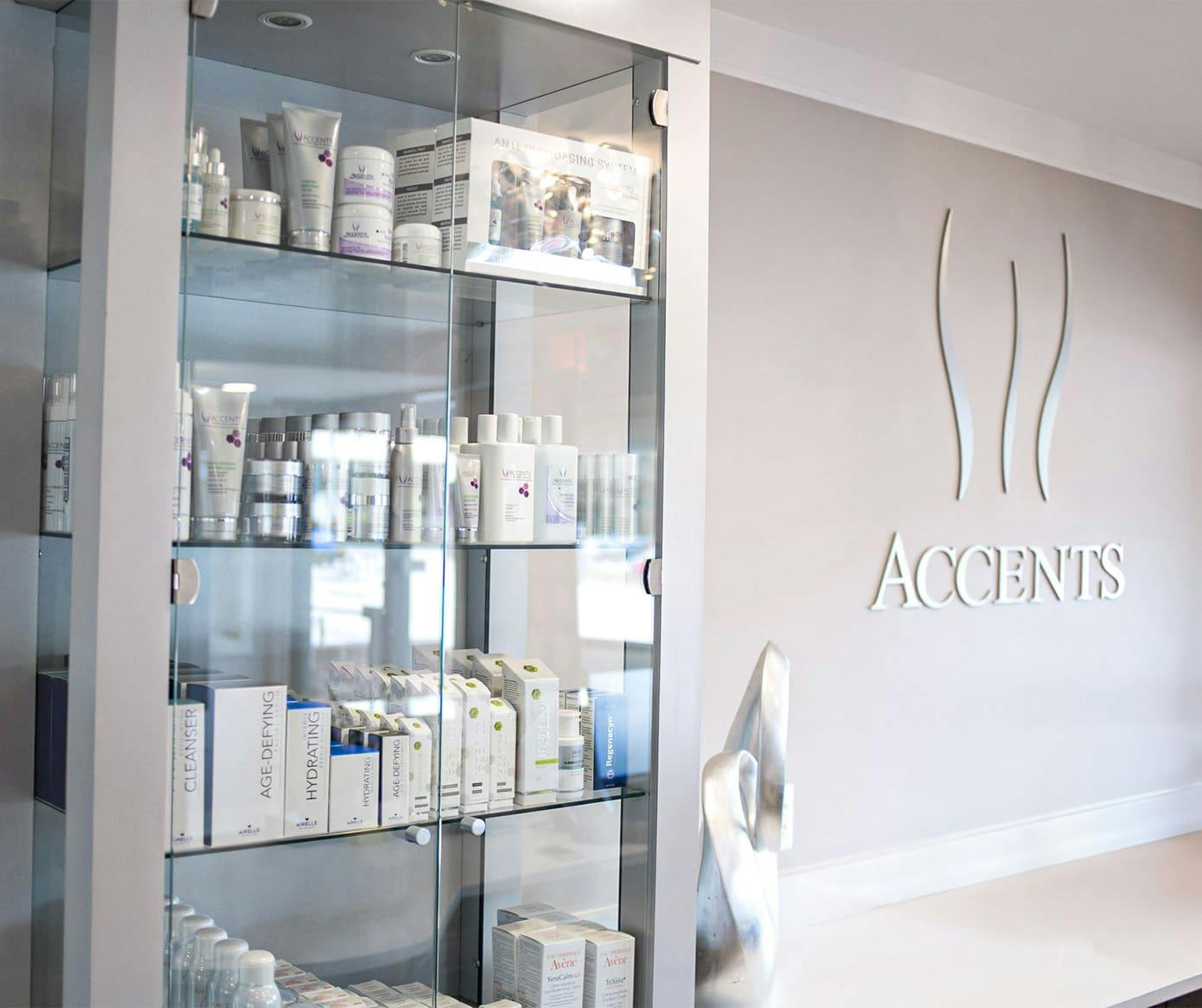 shelves of Accent skincare products
