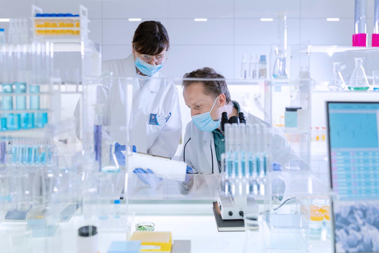 lab, clothing, coat, adult, female, person