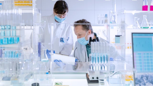 lab, clothing, coat, adult, female, person