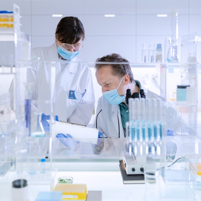 lab, clothing, coat, adult, female, person