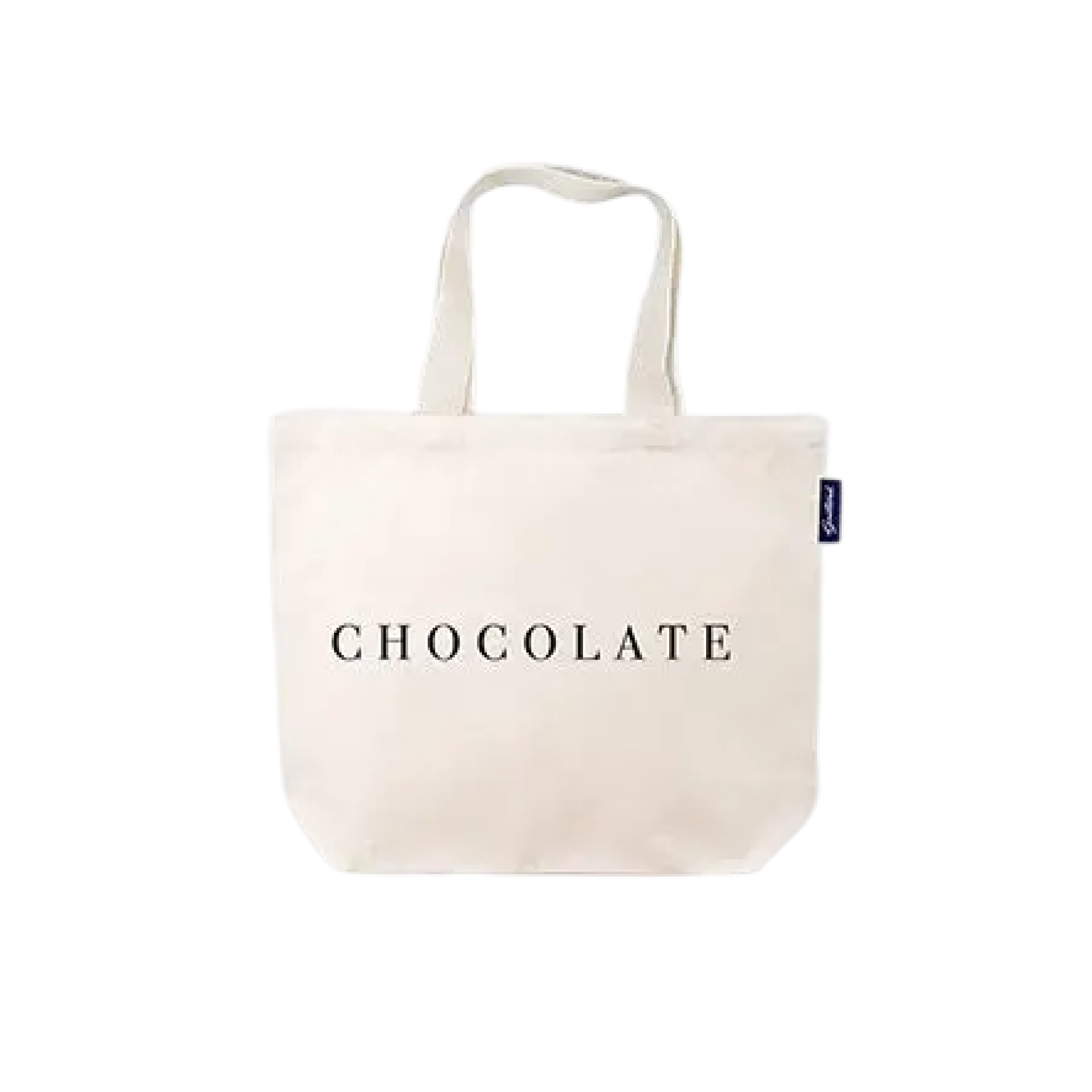 Natural canvas tote bag with the word “CHOCOLATE” printed in black across the front and long shoulder straps, shown on a transparent background.