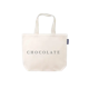 Natural canvas tote bag with the word “CHOCOLATE” printed in black across the front and long shoulder straps, shown on a transparent background.