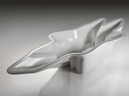 a coffee table with glass tabletop, showcasing both organic and powerful futuristic features.