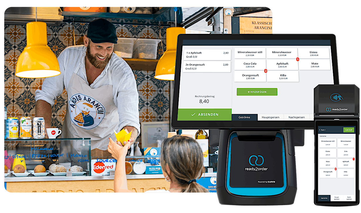 Kassensystem von ready2order mit Verkäufer im Hintergrund