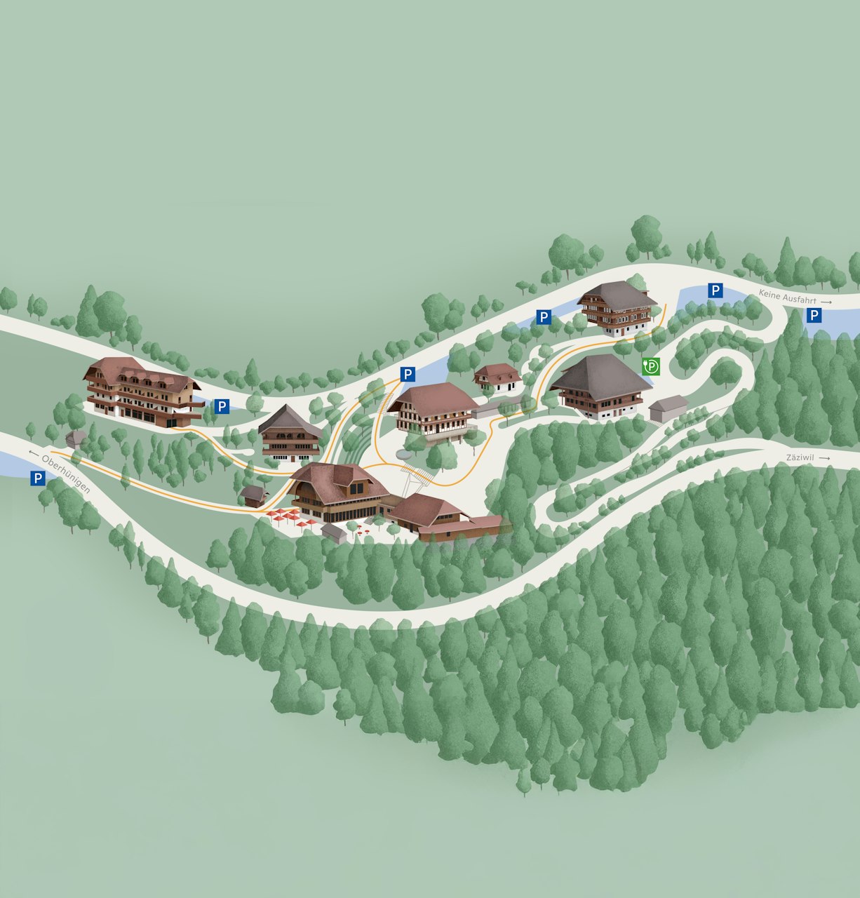 Illustrierte Karte mit mehreren Gebäuden im Chalet-Stil, die durch gewundene Wege verbunden und von Bäumen umgeben sind. Mehrere Parkplätze sind mit P-Schildern gekennzeichnet, und die Straßen schlängeln sich durch das bewaldete Gebiet.