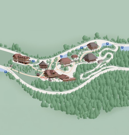 Illustrierte Karte mit mehreren Gebäuden im Chalet-Stil, die durch gewundene Wege verbunden und von Bäumen umgeben sind. Mehrere Parkplätze sind mit P-Schildern gekennzeichnet, und die Straßen schlängeln sich durch das bewaldete Gebiet.
