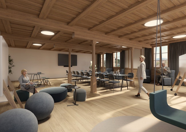 Visualisierung der Schulstube des Hoteldorfs Appenberg. Der moderne und flexibel nutzbare Seminarraum bietet Platz für mittelgrosse Gruppen.