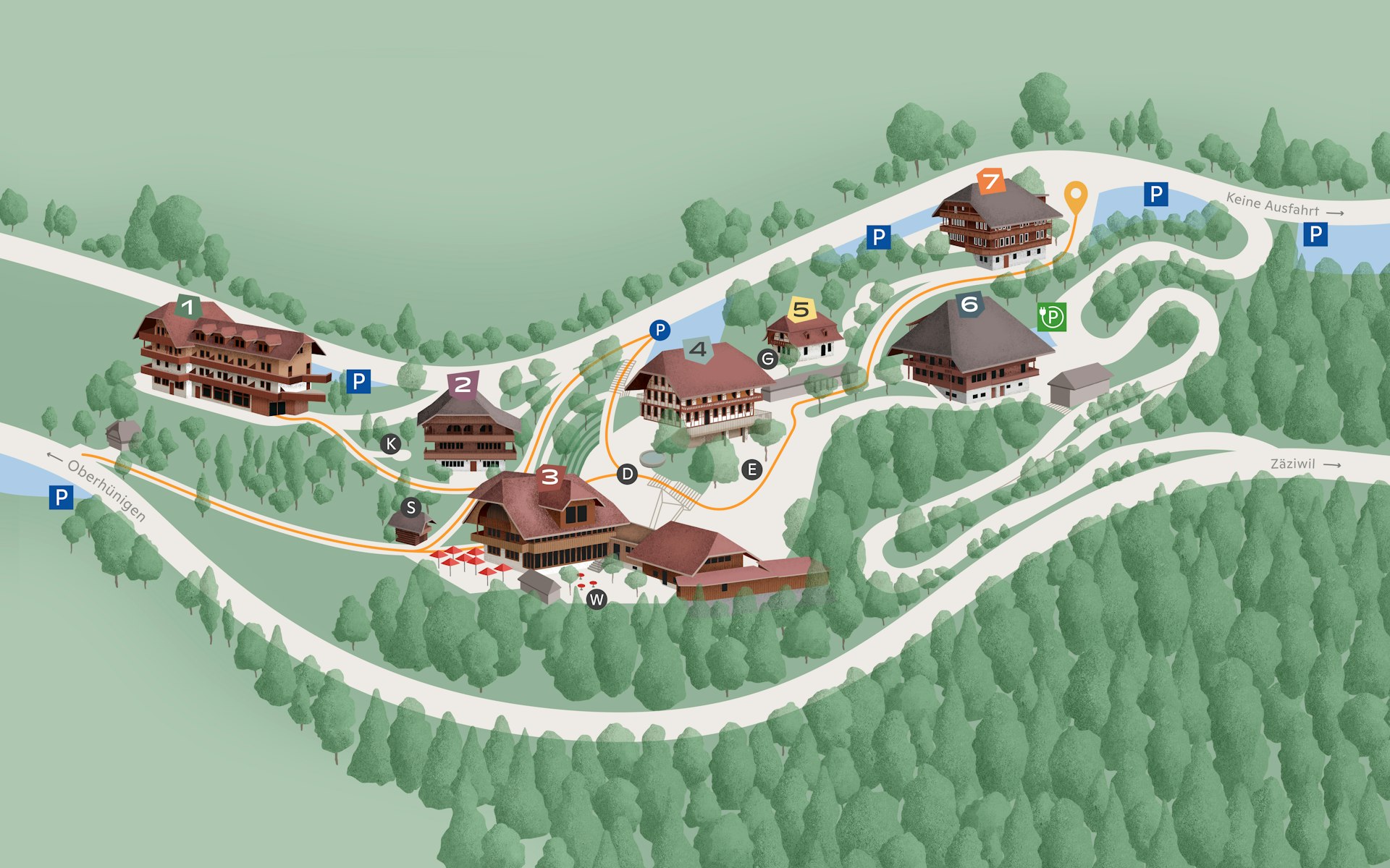The seven buildings of the Appenberg Hotel Village at a glance