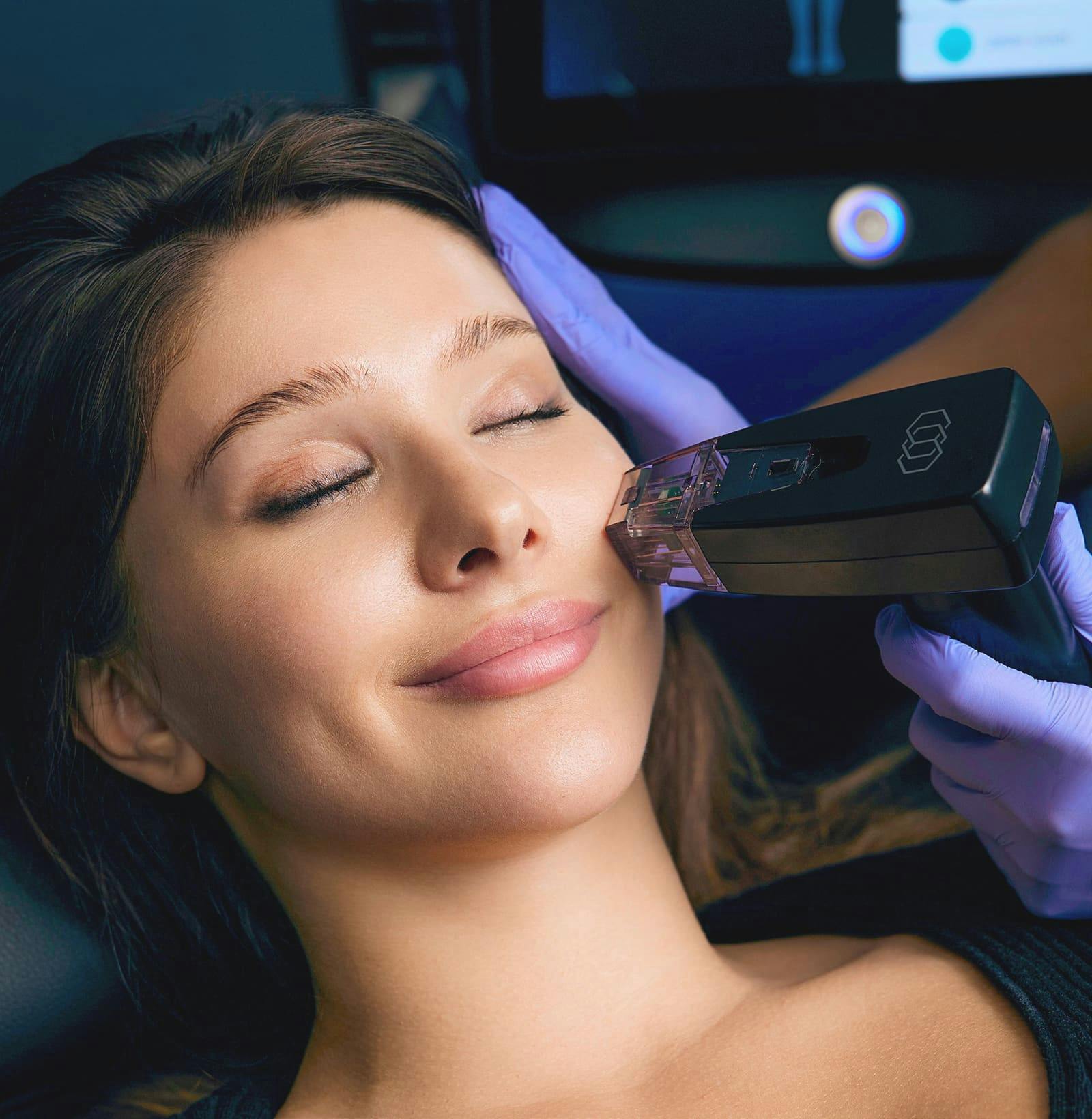 A woman smiling during treatment