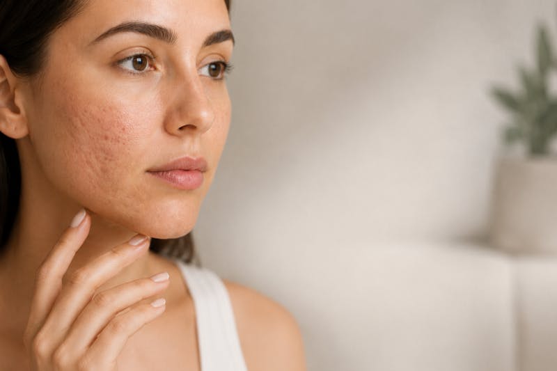 woman observing her acne scars
