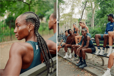 Side-by-side portrait of runner and group of runners sitting on a park bench