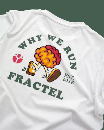 Close-up of t-shirt print saying "Why we run – Fractel"