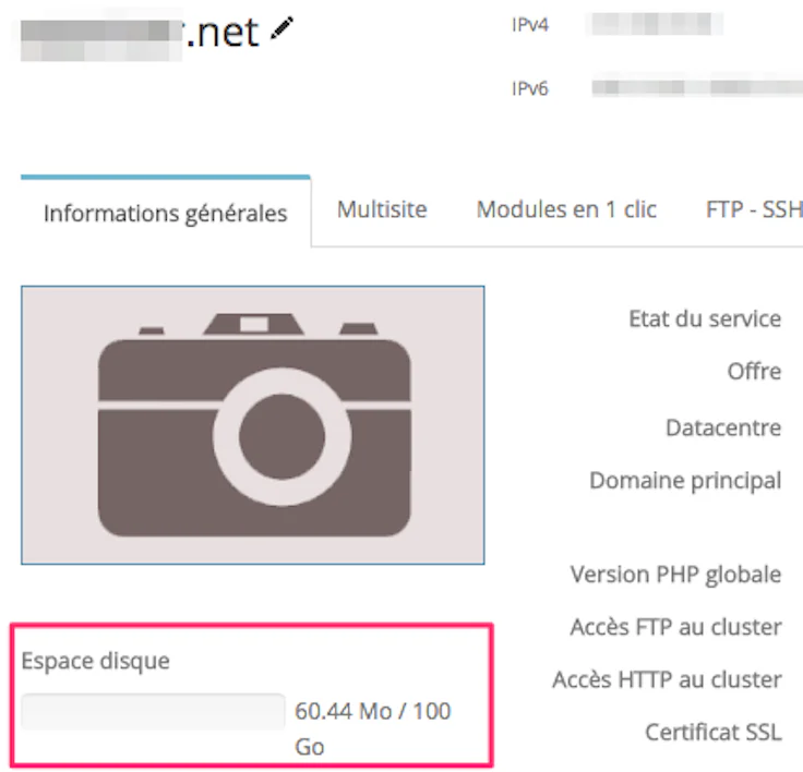 Espace client Web OVH (espace disque)
