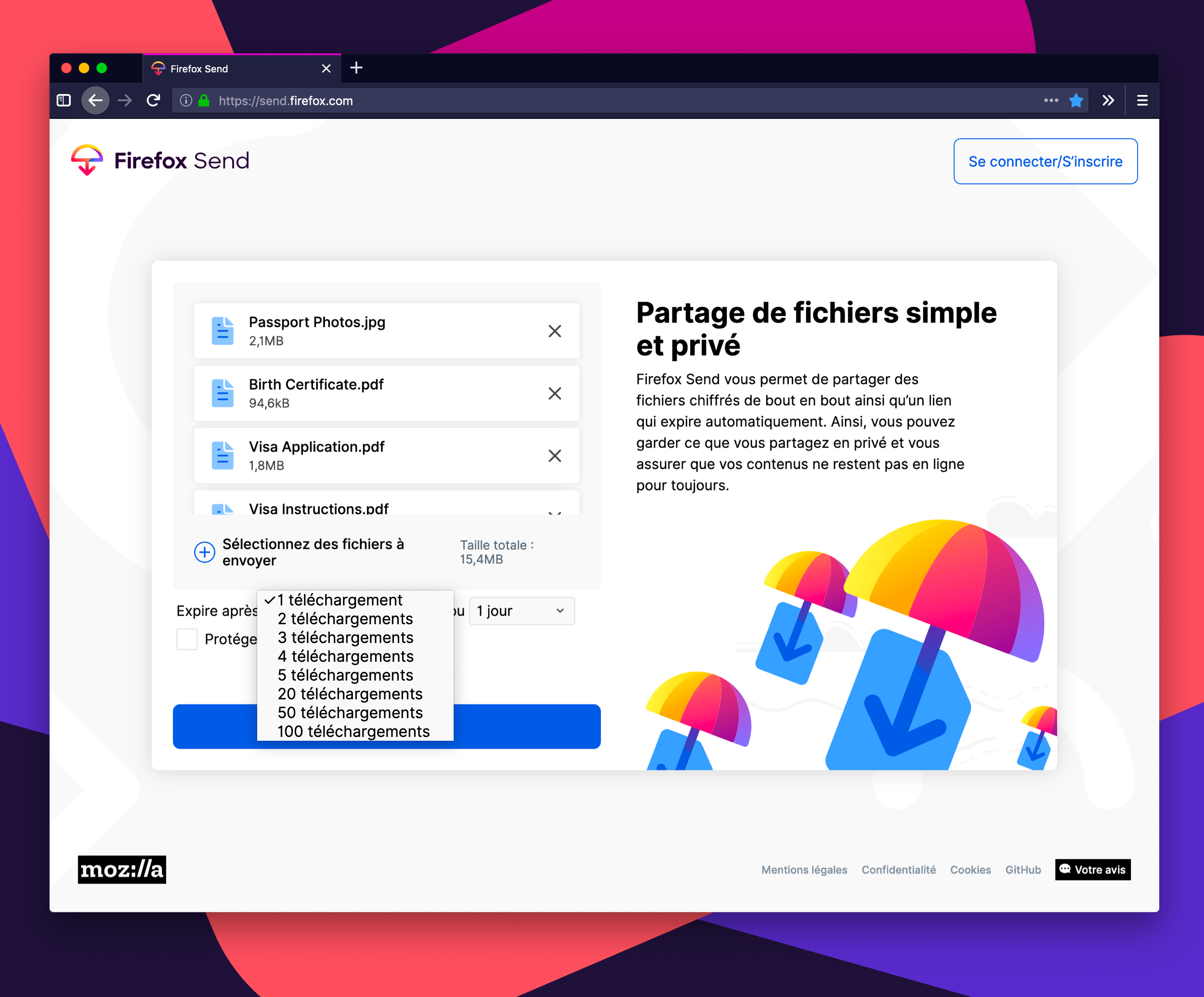Envoi d'un gros fichier avec Firefox Send