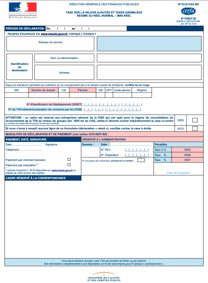 Exemple de déclaration TVA formulaire CA3