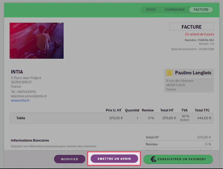 Comment faire une facture d'avoir avec INFast