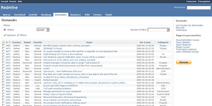 logiciel de gestion de projet gratuit : visuel Redmine
