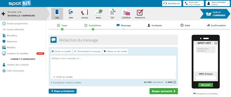 interface du logiciel spot-hit pour l'envoi de sms en masse