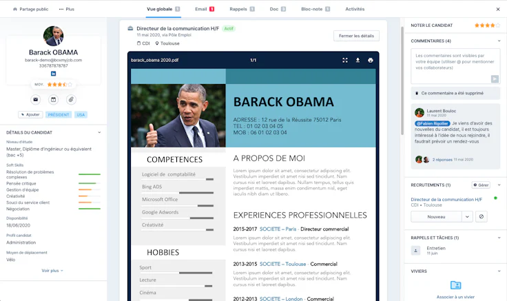 Profil de poste : Fiche candidat dans le logiciel de recrutement en ligne Taleez ATS