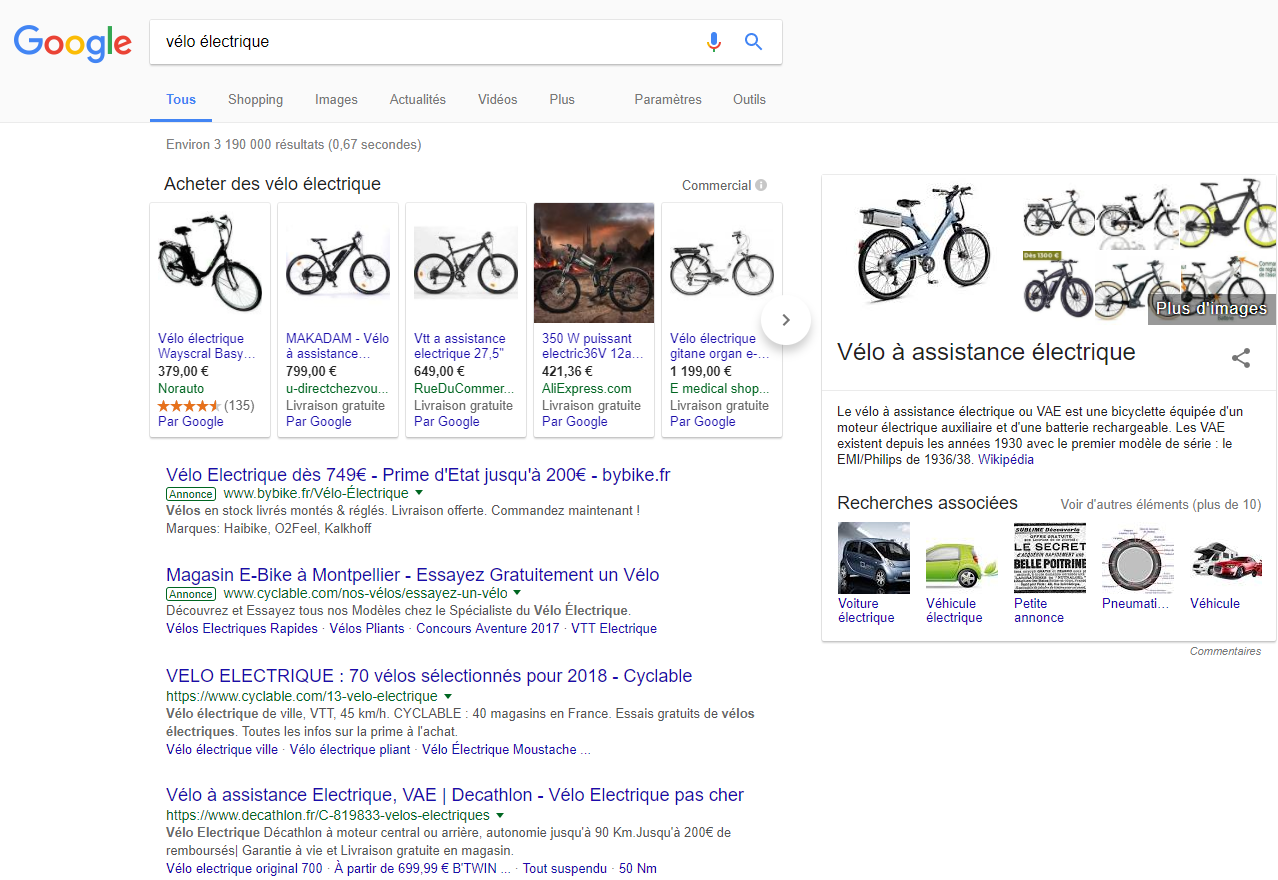 Résultats Google pour la requête “vélo électrique”.