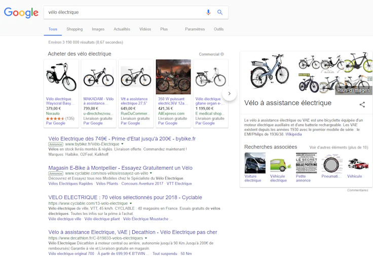 Résultats Google pour la requête “vélo électrique”.