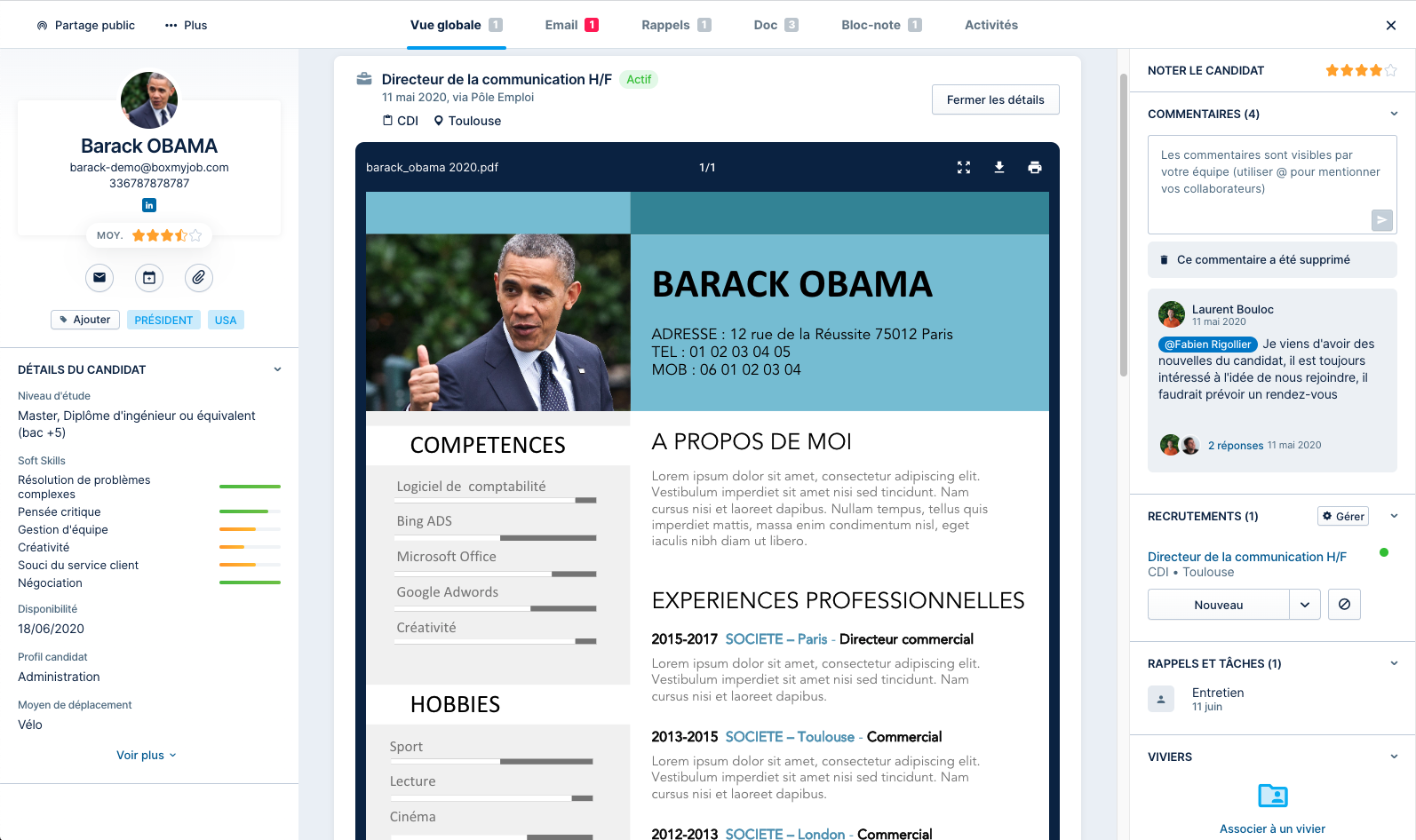 Fiche candidat dans le logiciel de recrutement en ligne Taleez ATS