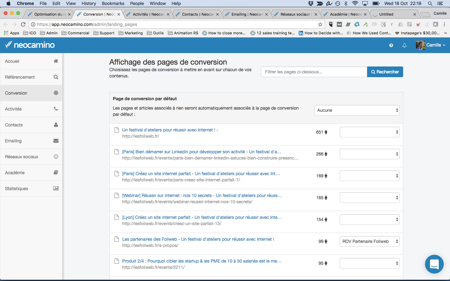 affichage des conversions de prospects dans le logiciel neocamino