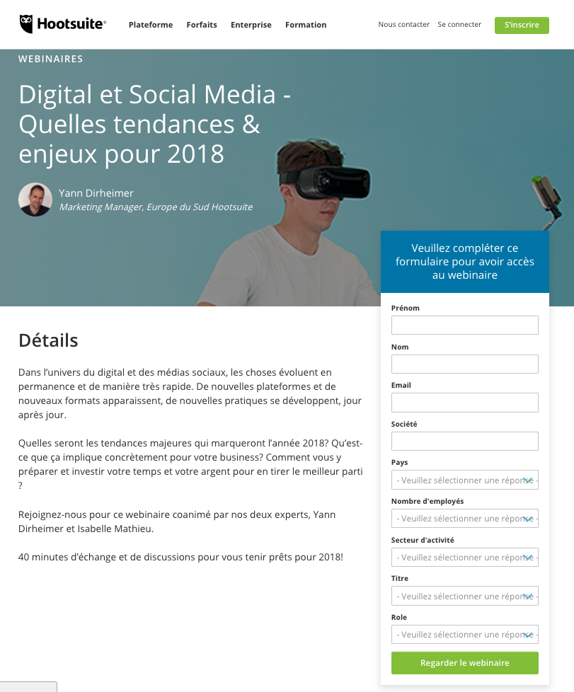 landing page d'inscription à un webinaire hootsuite