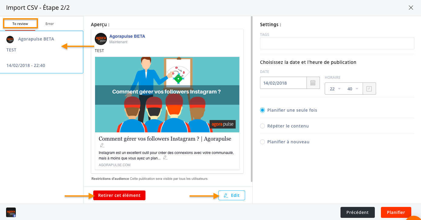 import contenu csv Agorapulse
