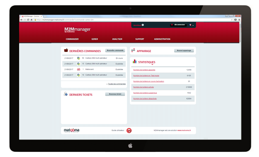 Tabkeau de bord du M2MManager plateforme de gestion d'objets conenctés