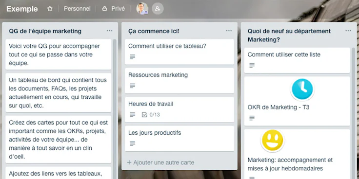 Interface de Trello : gestion de projet sous forme de tableau Kanban et de cartes