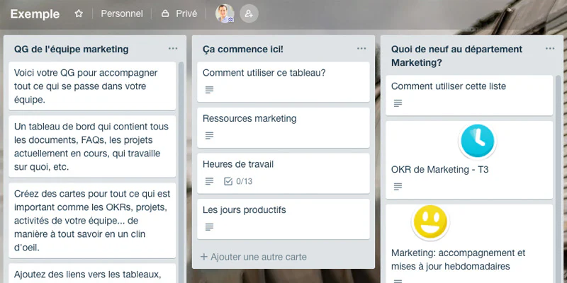 Interface de Trello : gestion de projet sous forme de tableau Kanban et de cartes