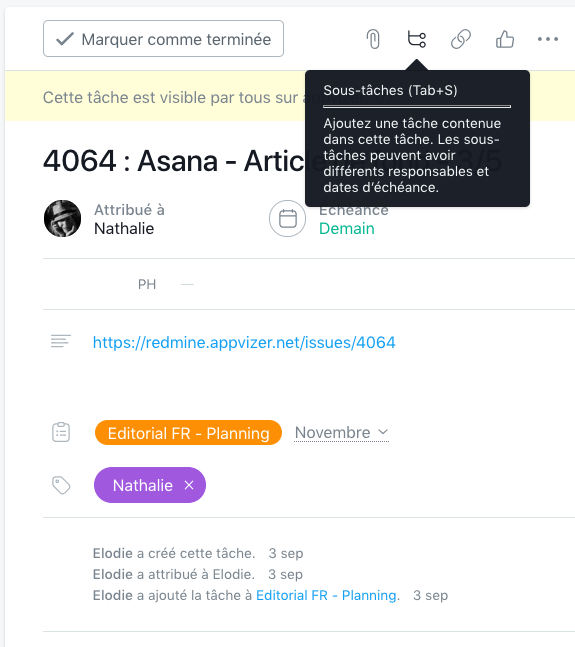 créer une sous-tâche asana