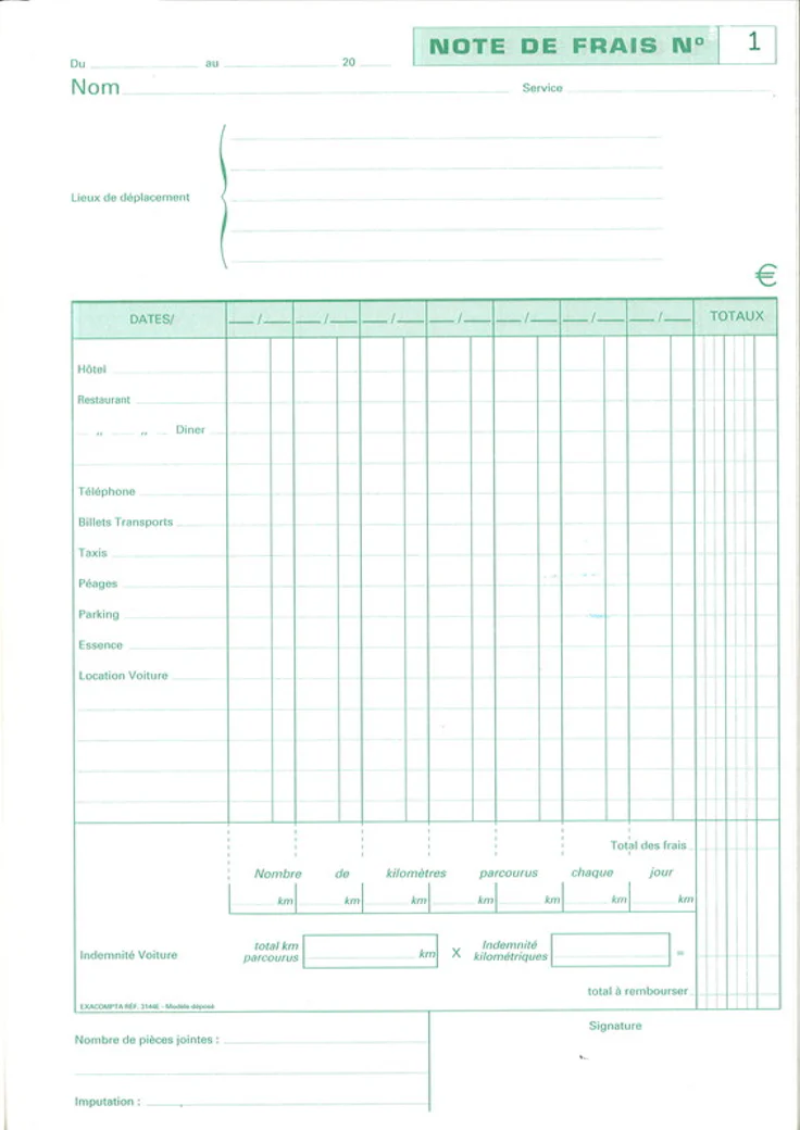 Note de frais d'un carnet papier