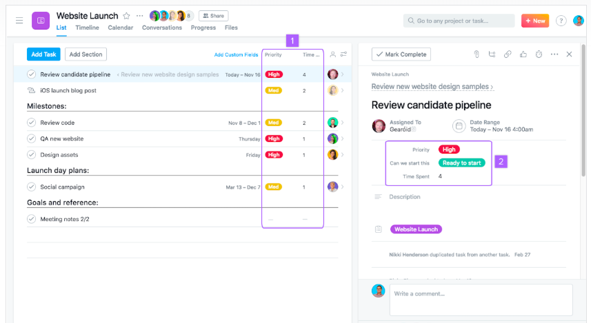 champs personnalisés sur Asana