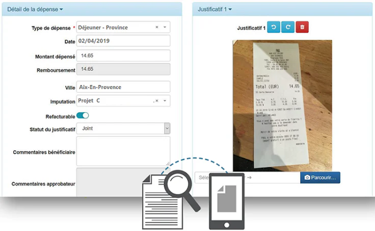 exemple d'interface logiciel note de frais avec OCR