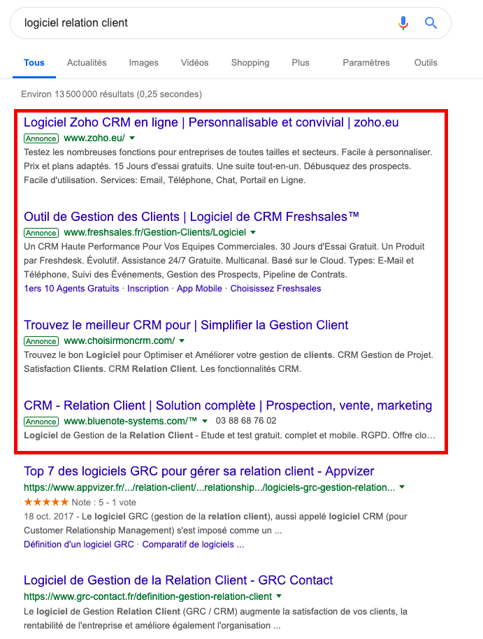 SEA affichage annonces dans résultats Google
